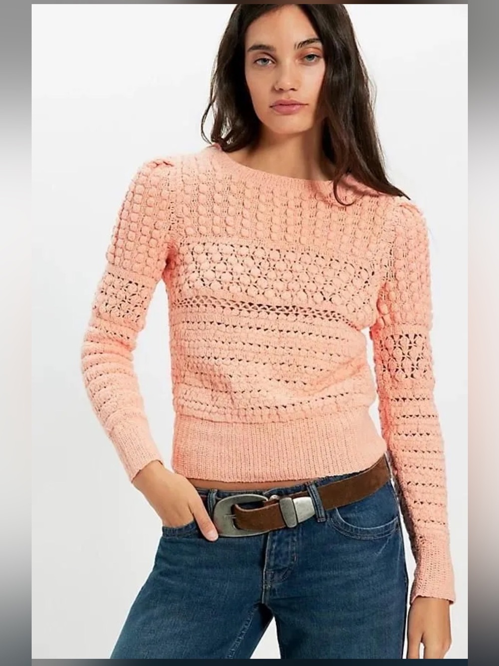 Free People Penny Crochet Pullover Sweater in Paradise Peach Medium Boho NWT